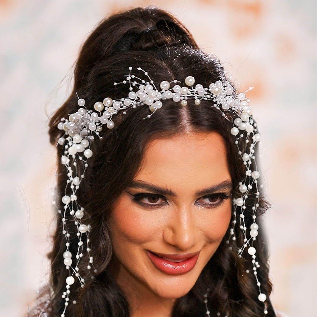BARTOSI BARTOSI Pearl Bridal Headband Silver Pearl Tassel Wedding Hair Accessories Prom Headpiece for Women and Brides