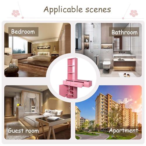 Shuoya Jewelry Salon Stations, Barber Stations Vanity Desk with Open Storage Shelf and Drawers, Hair Styling Equipement Set for Hair Stylist Bedroom Make Up Room Girls Women (Pink)