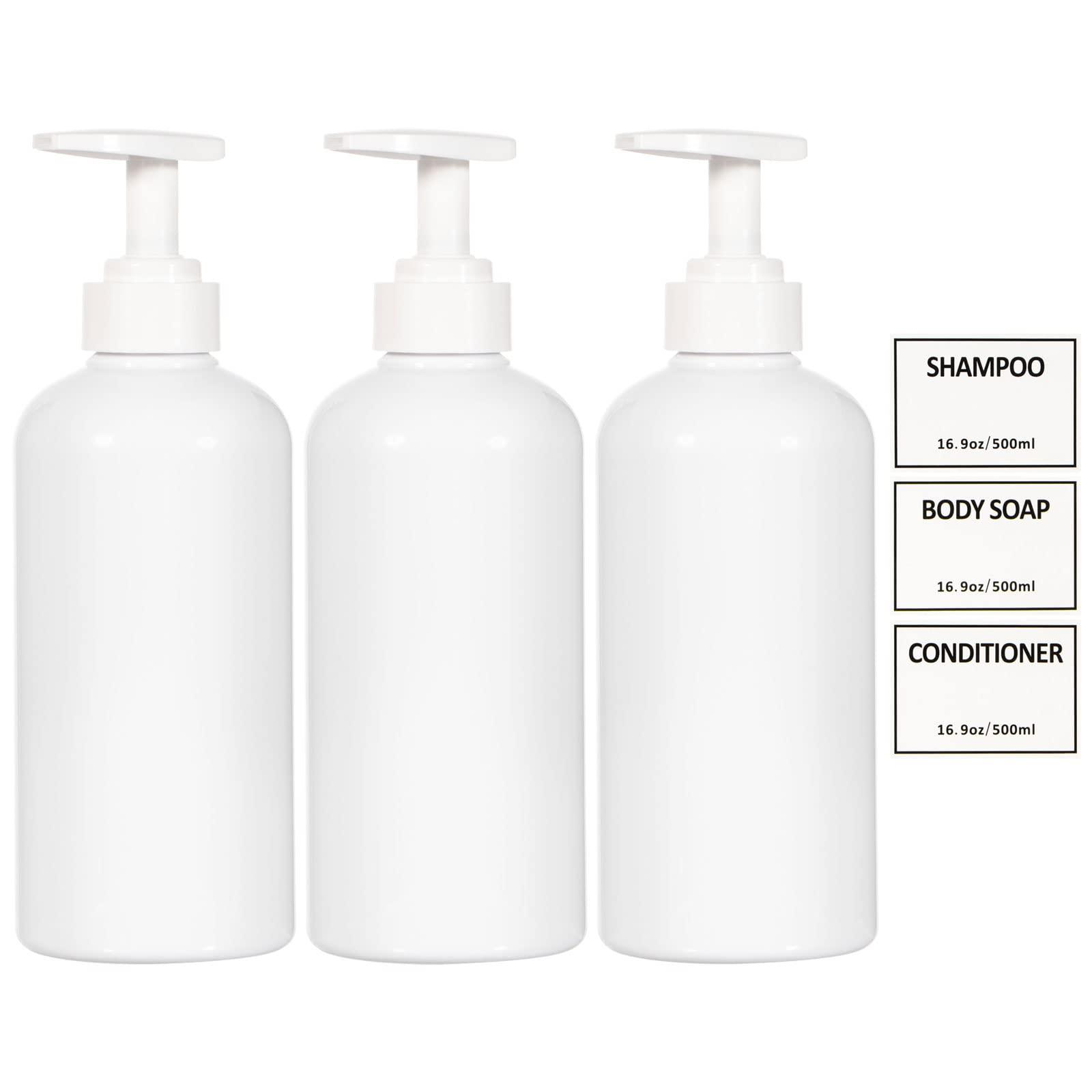 Yeeco Shampoo Bottles Refillable with Pump Yeeco White Shampoo and Conditioner Pump Bottle Dispenser with Waterproof Labels 16.9oz/500ml 3 Packs, Shampoo Bottles for Bathroom, Kitchen, Hotel
