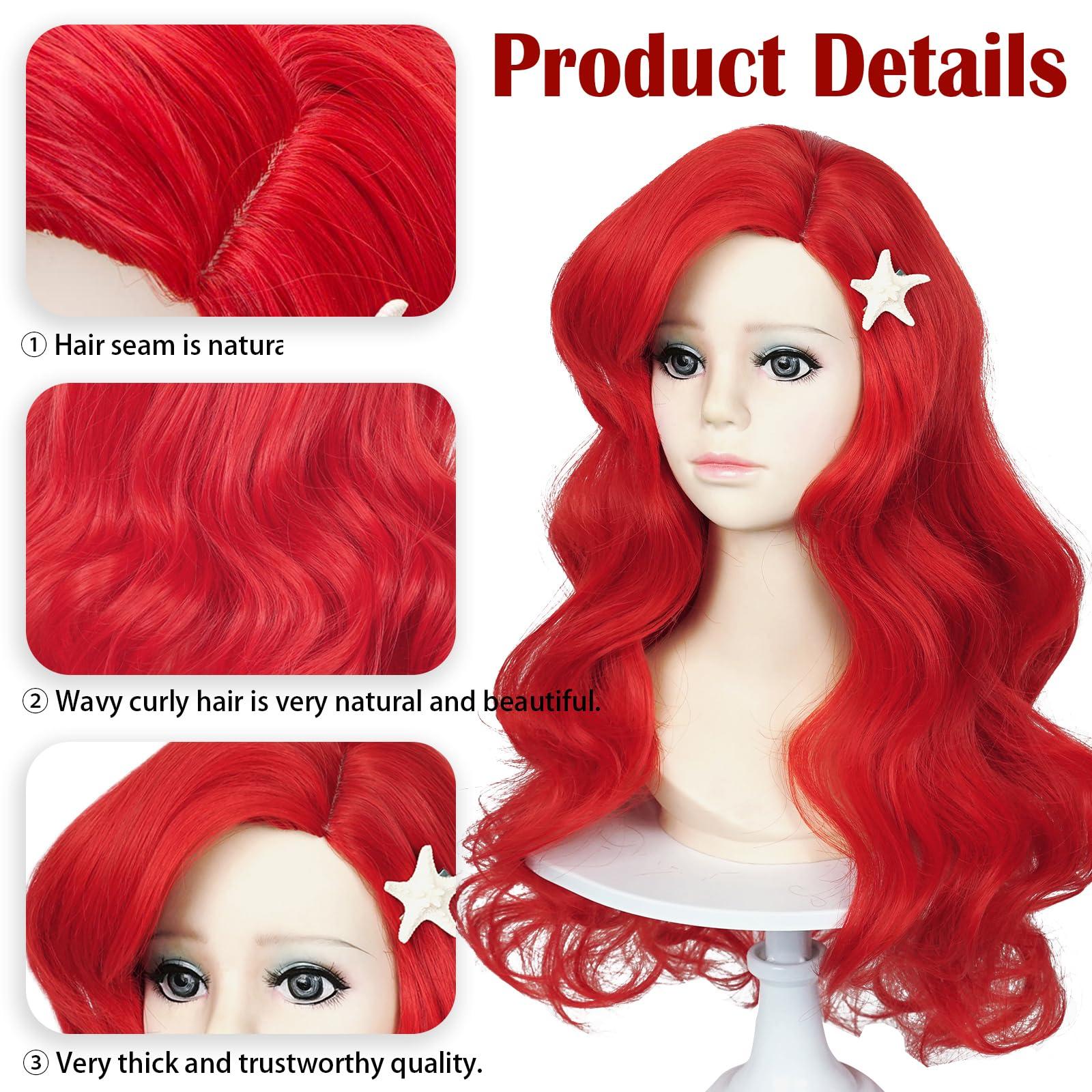 LABEAUT LABEAUT Max Beauty Red Mermaid Wigs Long Curly Daily Wig Hair Heat Resistant Synthetic Fiber for Halloween for Cosplay for Christmas (Red Kids + Hairpin)