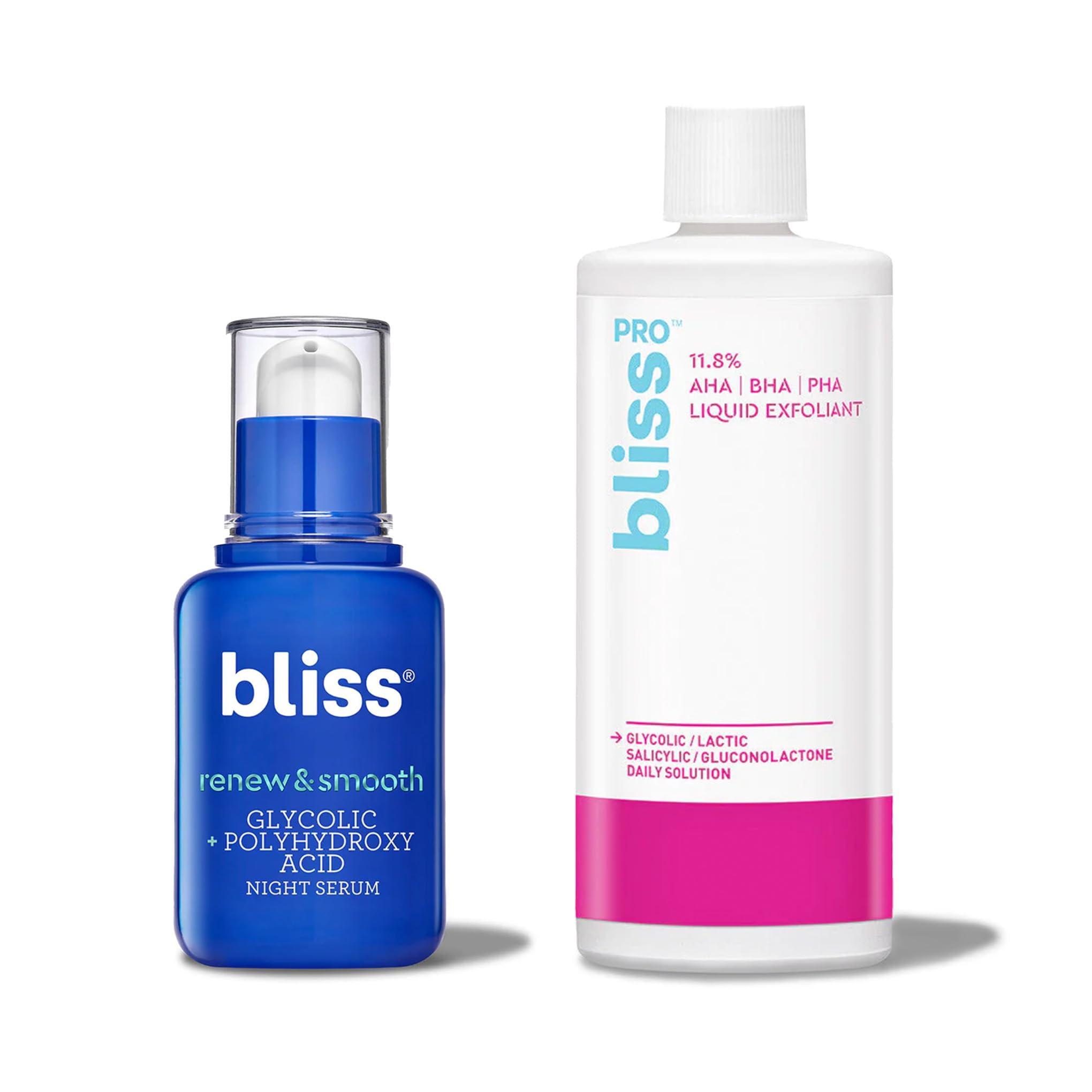 Bliss Bliss Renew & Smooth Face Serum & BlissPro Liquid Exfoliant- Nightly Use AHA Glycolic serum & Exfoliating Treatment- Exfoliate, Brighten, and Smooth Skin - Vegan & Cruelty-Free