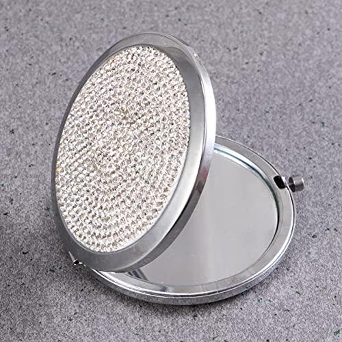 LALAFINA LALAFINA 1pc Bling Compact Mirror Pocket Rhinestone Makeup Mirror Double-Sided Cosmetic Mirror Round Folding Mirror for Women Travel Daily Use, White