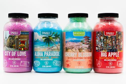SPAZAZZ Hot Tub & Spa Aromatherapy Bath Salt Crystal Scents Spazazz Destinations Collection Bundle Aloha Paradise, Big Apple, City of Love, Cherry Blossom - Skin Moisturizer - Will Not Damage Spas & Hot Tubs