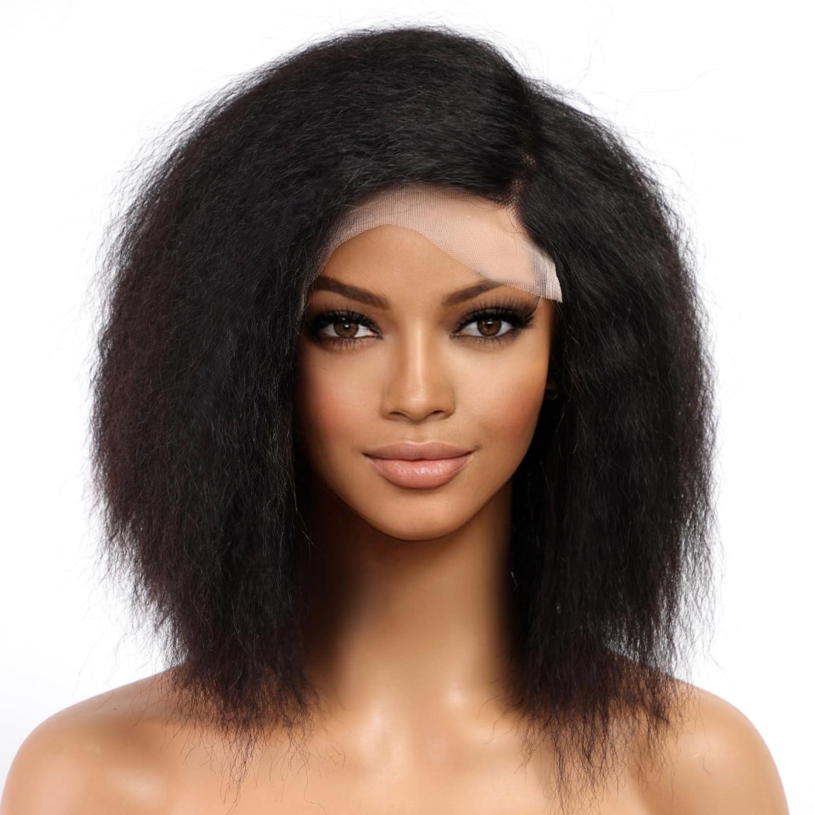 KKU KKU 4C Kinky Edges Lace Front Bob Wig 10Inch Short Kinky Straight Human Hair Wig Glueless Deep Side Parted Lace Bob Wig with Natural Hairline For Women