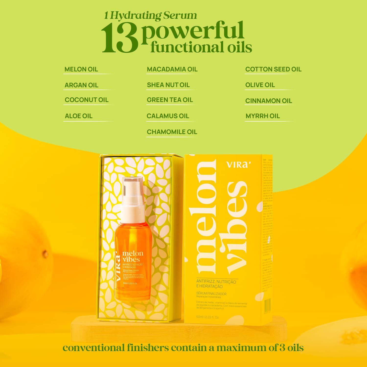 Vir Vir Brazilian Hair Serum, Frizz Control, Anti-frizz Nutrition and Hydration For All Hair Types, Cantaloupe Oil & Vitamin E - Pack of 2, 60ml (Melon Vibes), Yellow