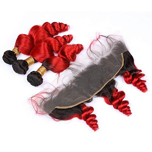 General Malaysian Ombre Loose Wave Bundles with Closure Frontal Loose Wavy Mixed Length 13 with 4 Inches Virgin Ombre Hair Bundles with Closure #1B/#Red