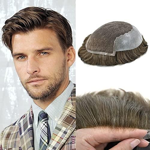 Generic Lace Front Toupee For Men Swiss Lace Front With Poly Skin Hair Pieces For Men Human Hair Wigs All Hand Tied Bleached Knots Natural Looking Lace Front Mens Toupee Mixed Gray Hair Units For Men US Stock. (7X9\"-100% Light to medium Density, 510# Medium