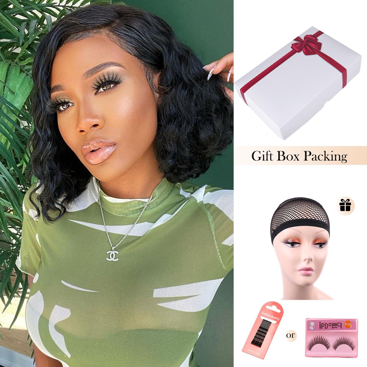 WIGER WIGER Short Curly Lace Frontal Human Hair Wigs for Black Women Black HD Lace Curly Bob Lace Front Hair Transparent Lace Glueless Human Hair Wigs Water Wave Closure Wigs (12 Inches)