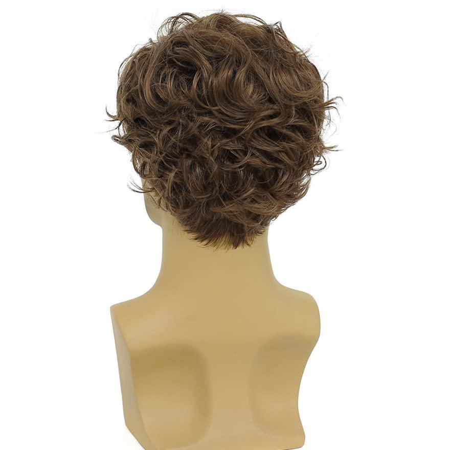Tseses Tseses Short Brown Wigs for Men Curly Layered Natural Looking Side Part Hair Heat Resistant Synthetic Wigs with Wig Cap (Brown)
