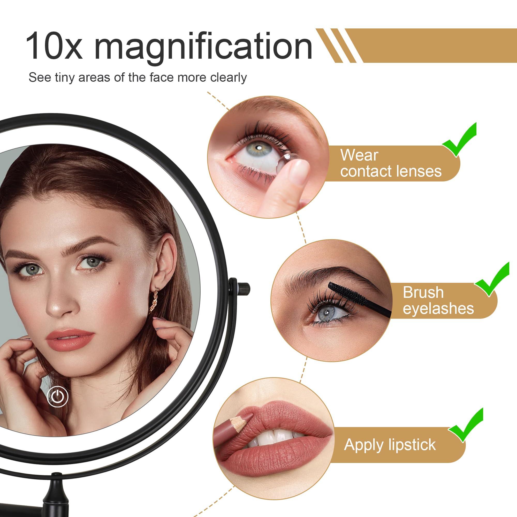 TUSHENGTU 9\" Large Black Wall Mount Magnifying Mirror With Light, TUSHENGTU 3000mAh Rechargeable Lighted Makeup Vanity Mirror Wall Mounted Swing Arm,10X/1X Magnifying Vanity Mirror for Bathroom 360Double Sided