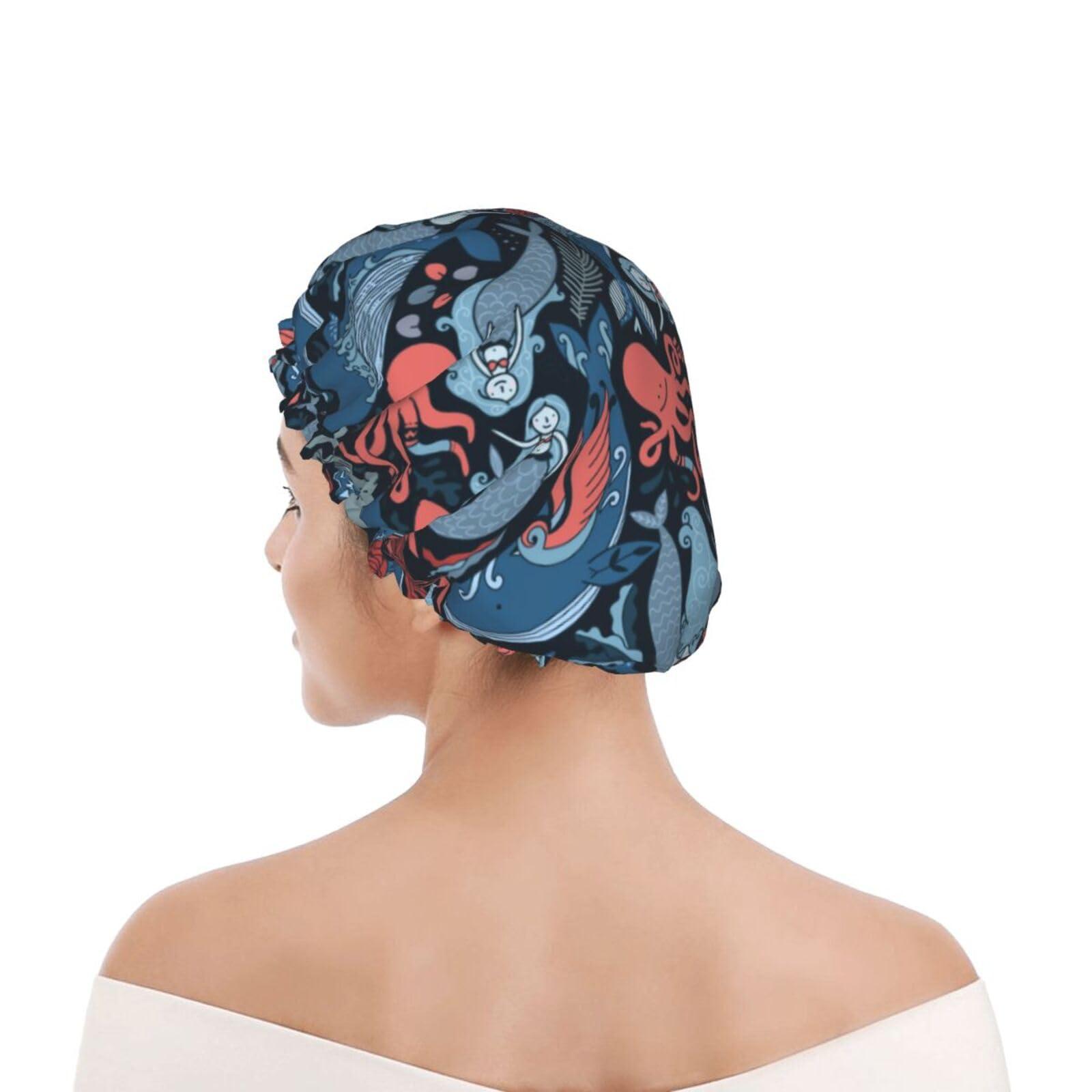 PAILON Octopus Sharks Whales Large Shower Cap For Women Men Reusable Shower Caps Waterproof Shower Cap For Braids & Long Hair shower bonnet with PEVA lined&Elastic Band Fashion showercap
