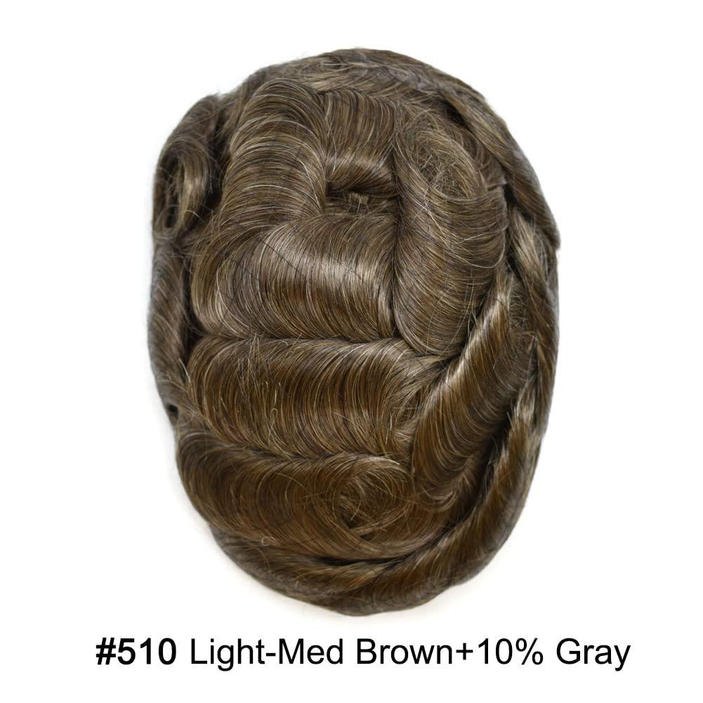 Curve Hair Toupee for men hair replacement System French Lace Mens Toupee Hairpieces Clear Poly Skin Hair Piece Unit wigs for men brown gray 7\"X9\",#510 Light-Med Brown+10% Gray-120% Medium Light to Medium