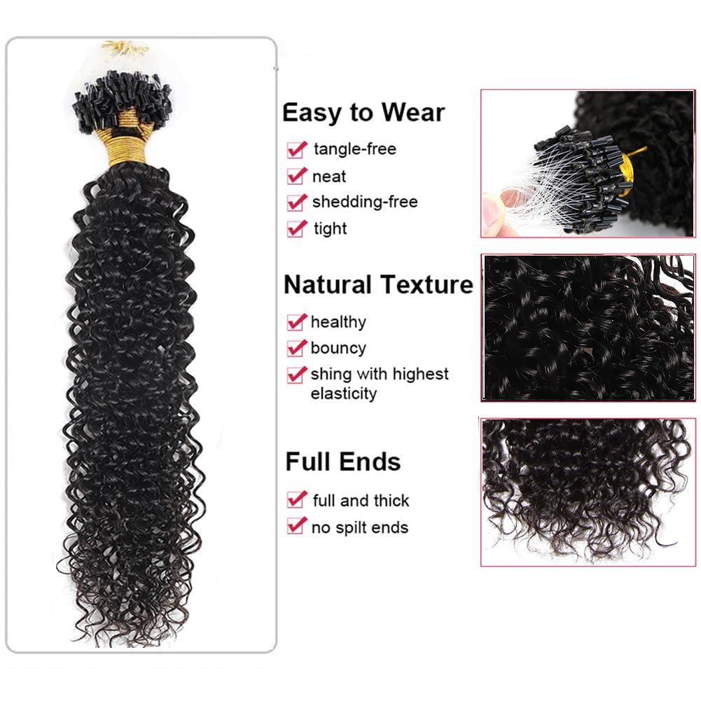 Kiss darling LASHES Jerry Curly Micro Loop Ring Hair Real Human Hair Micro Link Human Hair Extensions Natural Black, Bouncy Curly Micro Beads Hair Extensions for Women 22\"inch 100g 1g/S