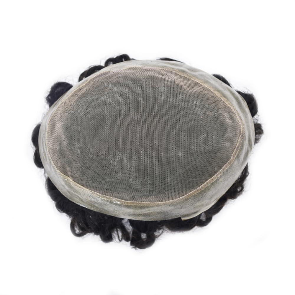 JUST HAIR Mens Toupee 25mm Curly Wave Hair Unit for Men Fine Mono Black Hair Replacement System Poly Skin Around Hair Piece (8X10, 1B Off Black-25mm curl)