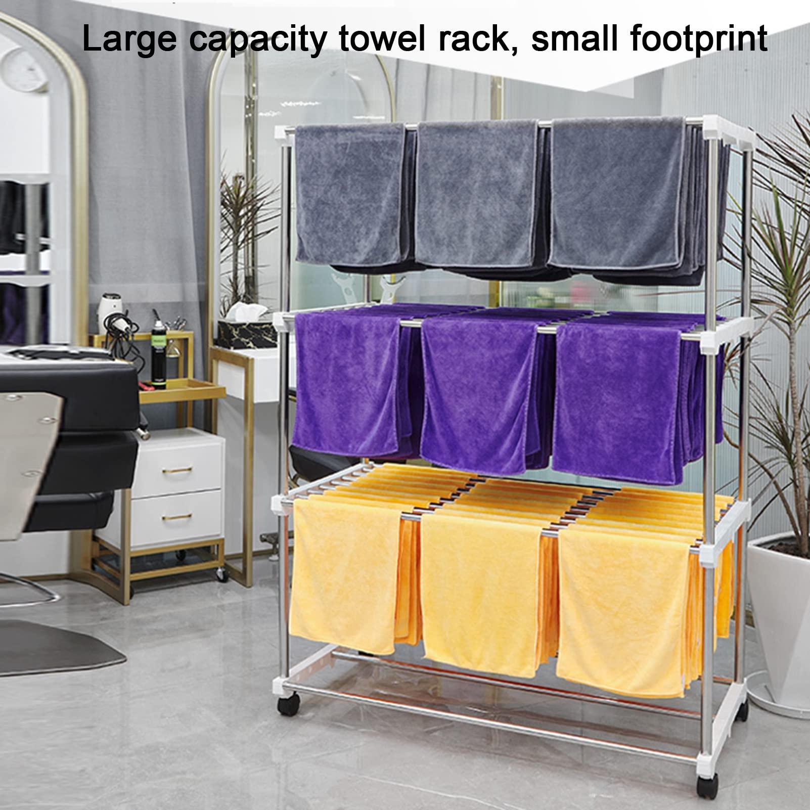 Household Products 3-Layer Stainless Steel Towel Rack, Commercial Floor-Standing Towel Drying Rack Rolling Trolley, Car wash Beauty Salon Barber and Hair Salon Dedicated Floor Drying Rack Multi-bar Rack