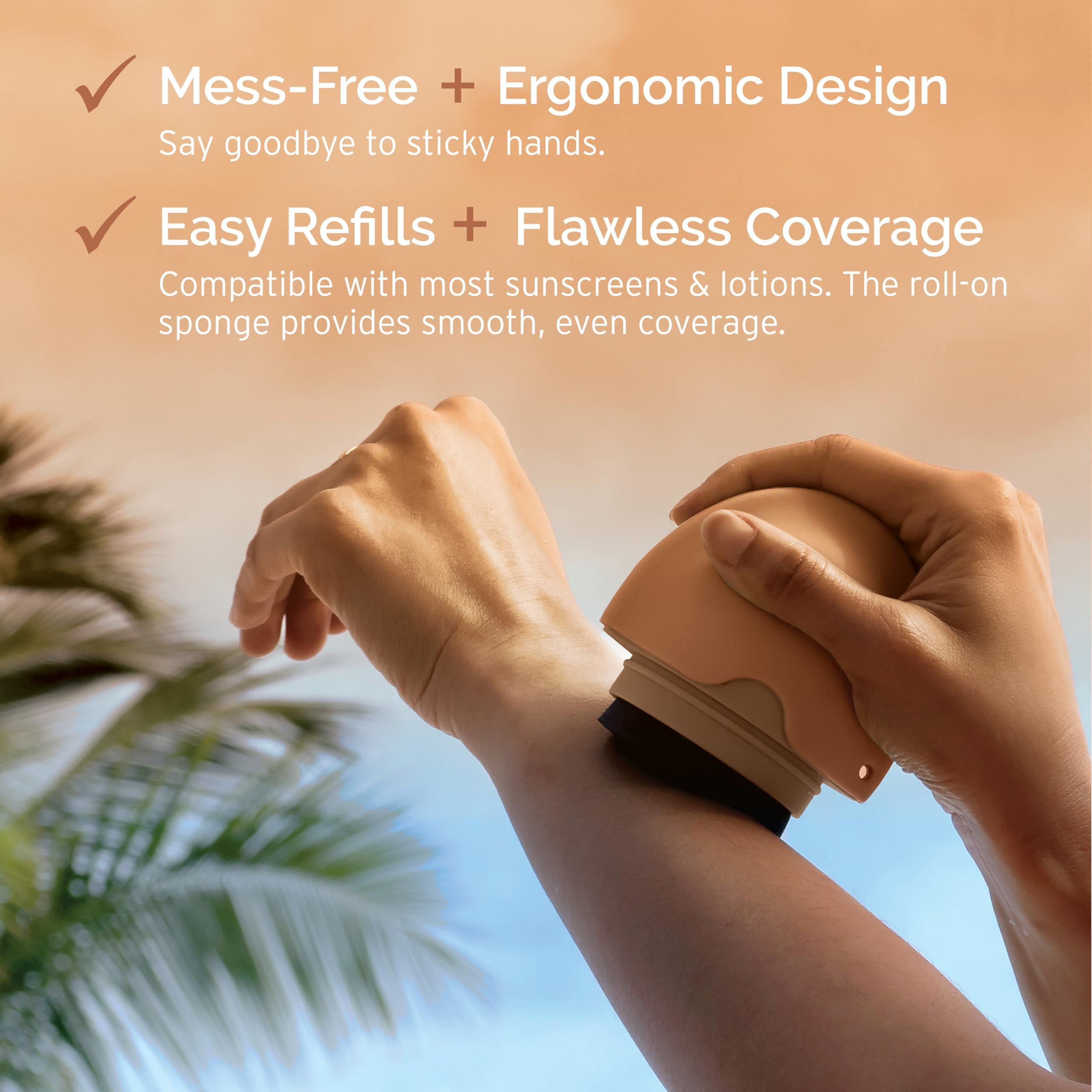 SUN SWIFT SUN SWIFT Silicone Sunscreen Applicator with Strap for Kids & Adults | Refillable Roll-On Face & Body Sunblock Lotion Sponge | Mess-Free, Hygienic, BPA-Free, w/Replacement Sponge, Travel Size, Beige