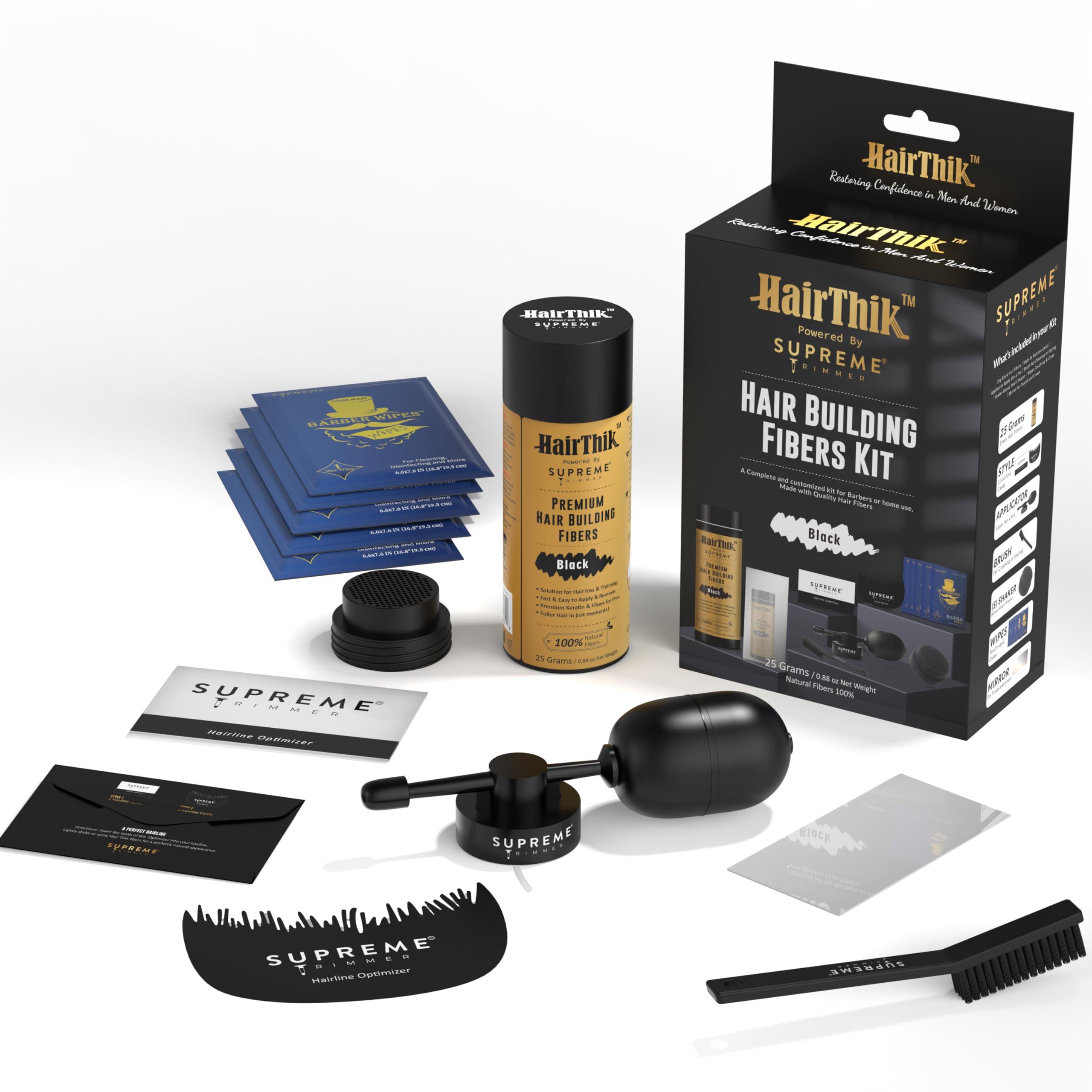 Supreme Trimmer Hair Building Fibers 8-in-1 Kit | includes 25G Keratin Fibers, Pump Nozzle, 2 Hairline Cards, S&L Shaker, Brush, Wipes, Mirror | Conceal Thicken Thinning Balding Hair | Men & Women (Black)