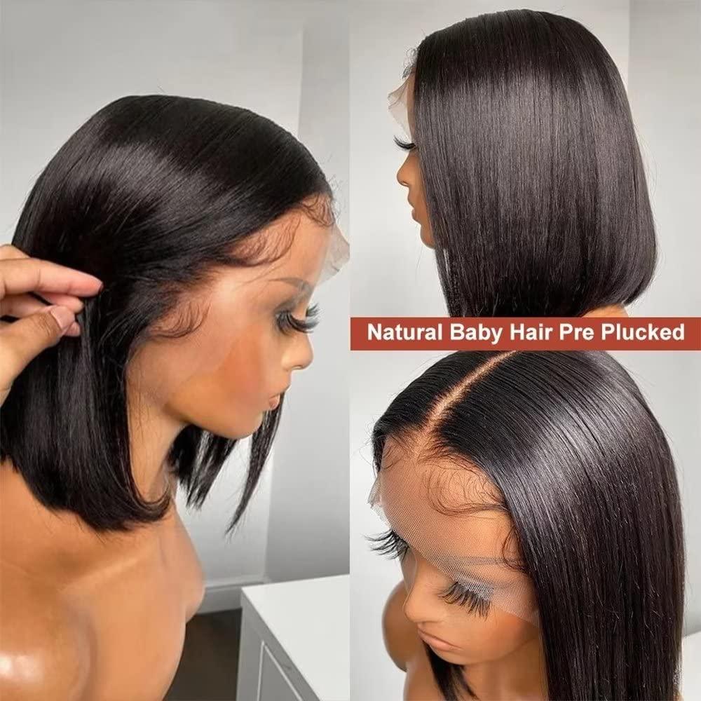 oulaer oulaer Brzilian Short Bob Human Hair Wig Pre Plucked Straight 13x6 HD Transparent Lace Front Wig Straight Bob Wig Lace Front Human Hair Glueless Wigs 150% Density with Baby Hair Bleached Knots 8inch
