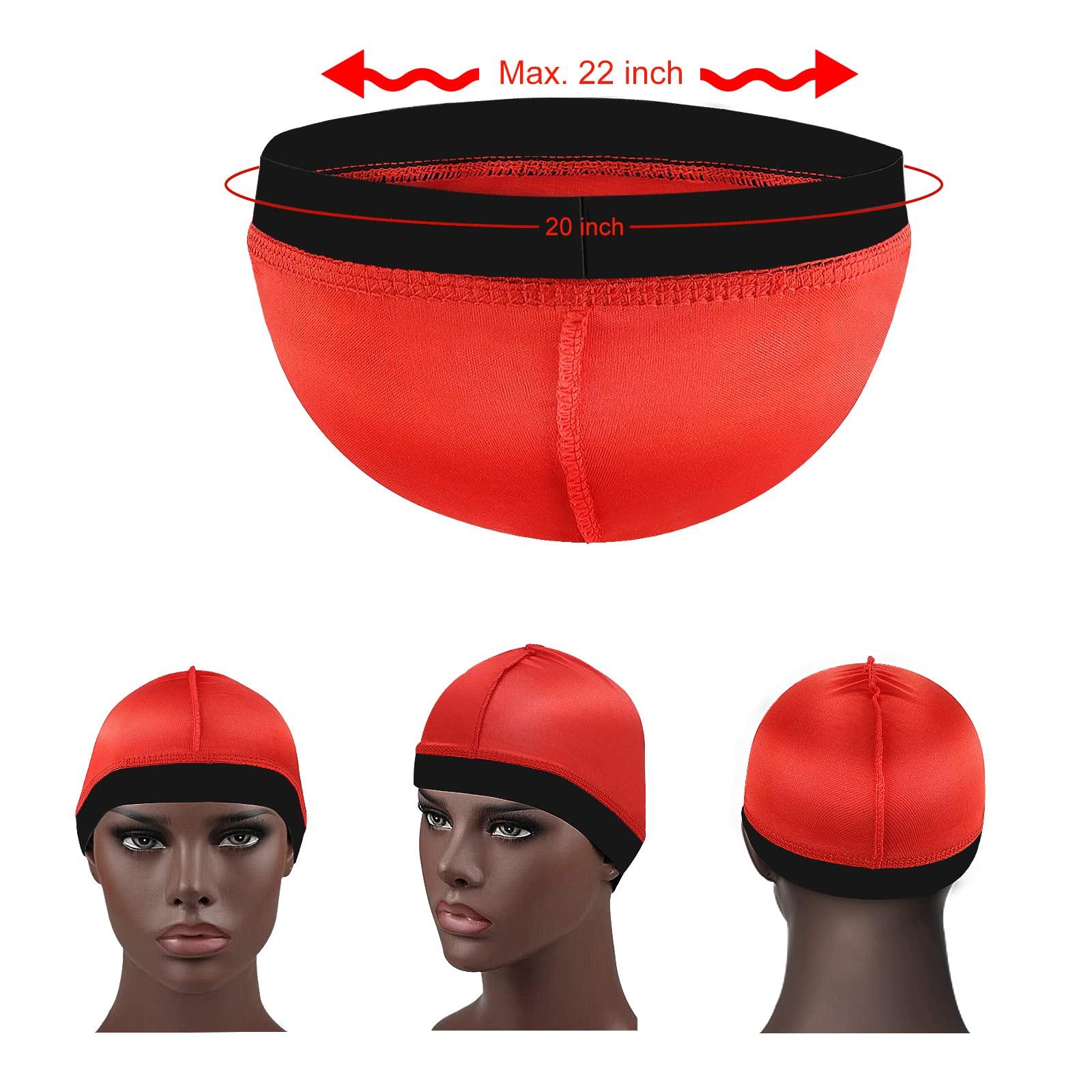 DURALA 4PCS Silky Stocking Wave Cap for Men, Good Compression Over Durag (red+Silver+Black)