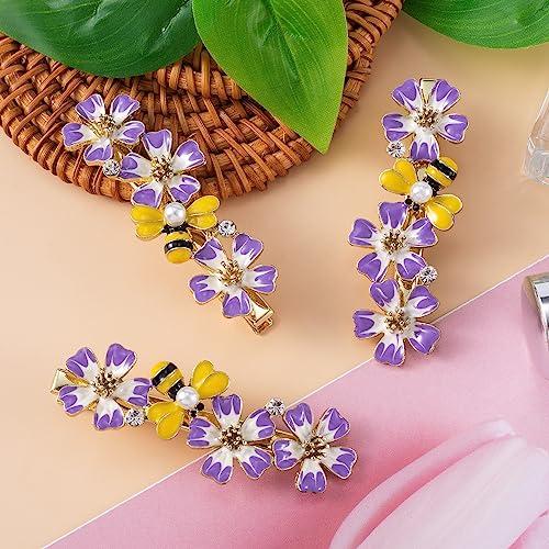 CHANZET CHANZET Bee Flower Hair Clip Pins with Rhinestone Pearl 3pcs, Gold Vintage Decorative Metal Hair Clips, Elegant Purple Flower Hair Barrettes Hairpin Bee Hair Styling Accessories for Women Girls