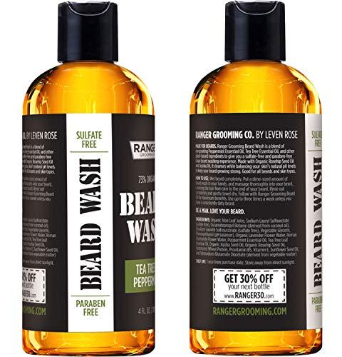 Leven Rose Leven Rose Beard Wash Shampoo by Ranger Grooming Co, Sulfate Free Natural Beard Cleanser & Conditioner for Men, Tea Tree & Peppermint for Growth & Thickening, Paraben Free 4 oz