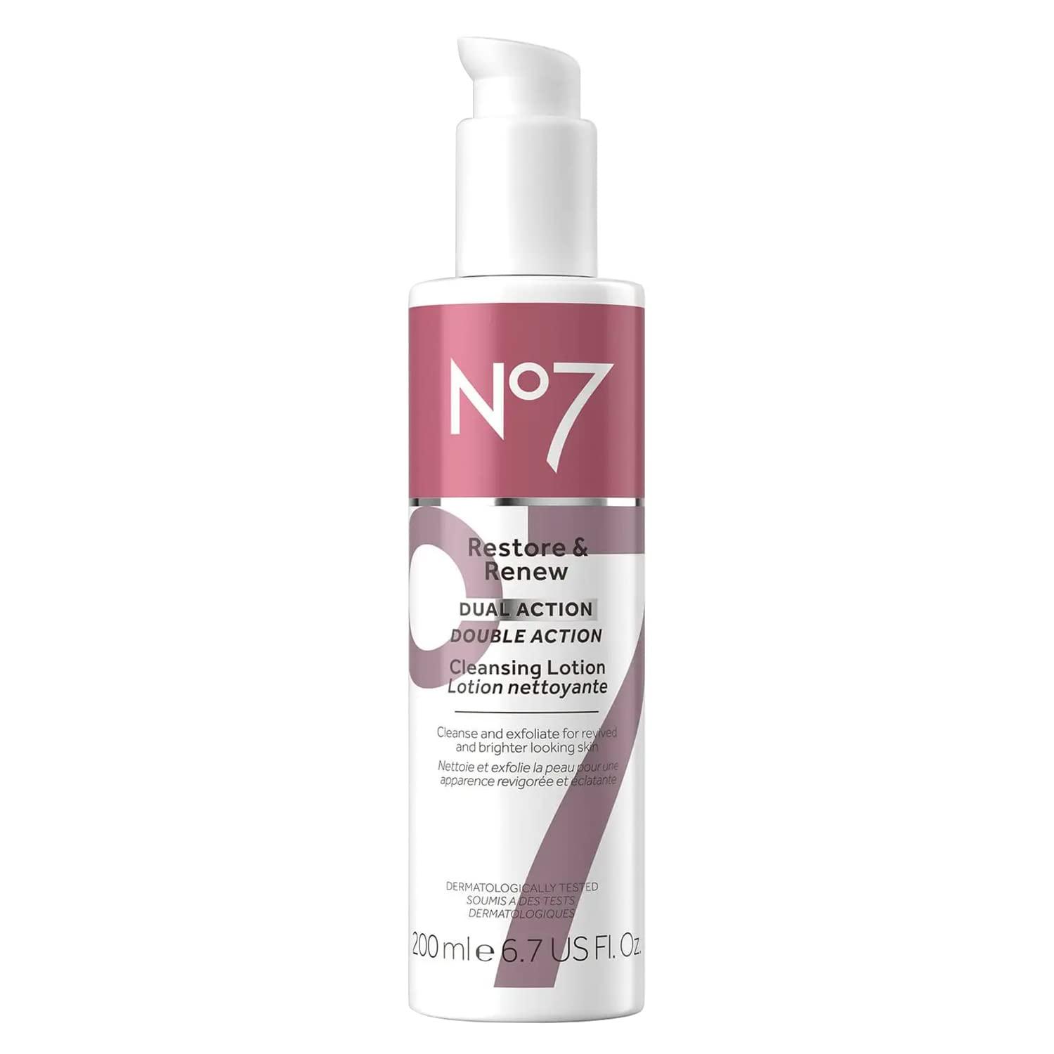 No.7 No.7 No7 Restore & Renew Dual Action Cleansing Lotion - Facial Cleanser & Exfoliant with Alpha Hydroxy Acid - Cleansing Lotion Makeup Remover for Anti Aging