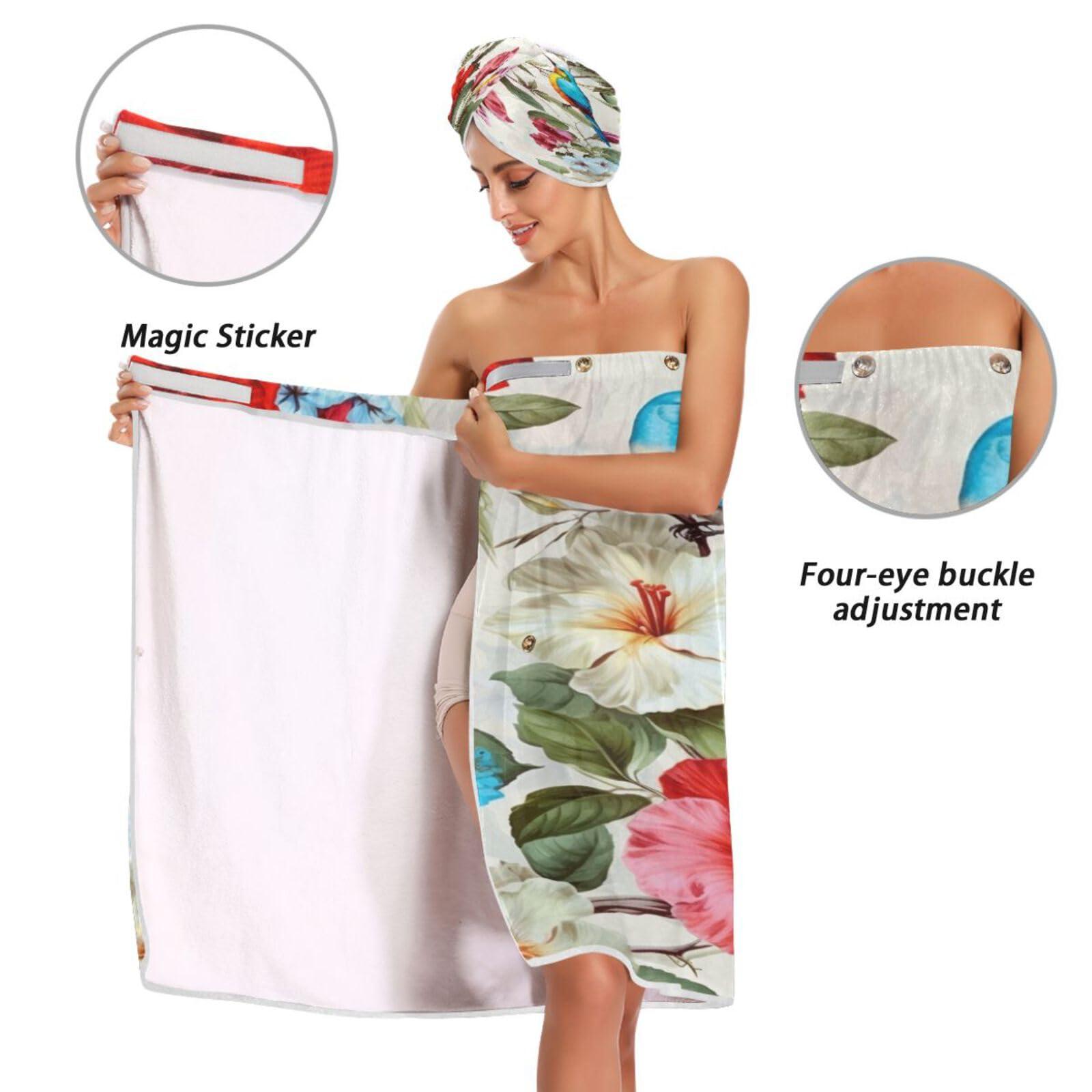 Bulletgxll Bulletgxll Floral with Birds Women's Shower Wrap Towel Set of 3 Adjustable Spa Body Wrap Super Absorbent Bathrobe with Hair Towel & Headband