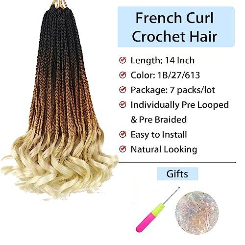 kaluli Crochet Hair for Women French Curl Braiding Hair 14 Inch Goddess Box Braids Crochet Hair Crochet Braids with Curly Ends Pre Looped Curly Crochet Hair Spiral Curls Hair Extensions(7 Packs,1B/27/613)