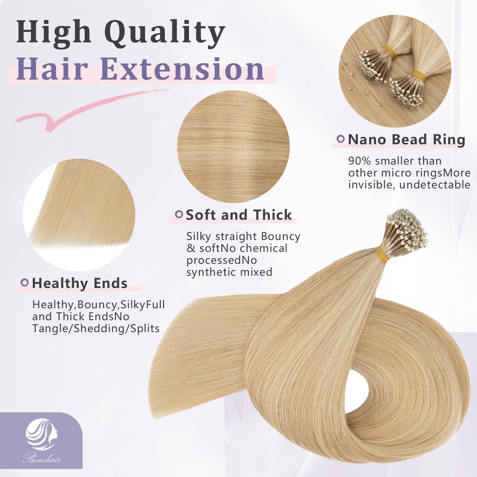 Benehair Benehair Nano Tip Human Hair Extensions Straight Cold Fushion Stick Ash Blonde&Bleach Blonde #18P613 Nano Beads Hair Extensions Real Human Hair 50 Strands 50g Natural Long Highlight Remy Hair 22Inch