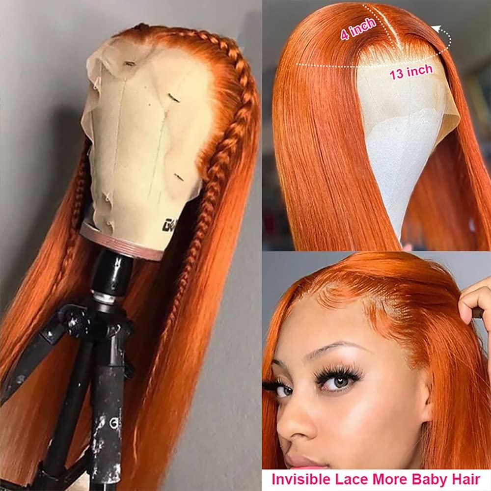Sogram Orange Ginger Color 13x4 Invisible Lace Front Wigs Human Hair (16 Inch) Straight Brazilian Virgin Lace Front Human Hair Wigs 150% Density Pre Plucked with Natural Hairline (16 Inch, 13x4 Straight