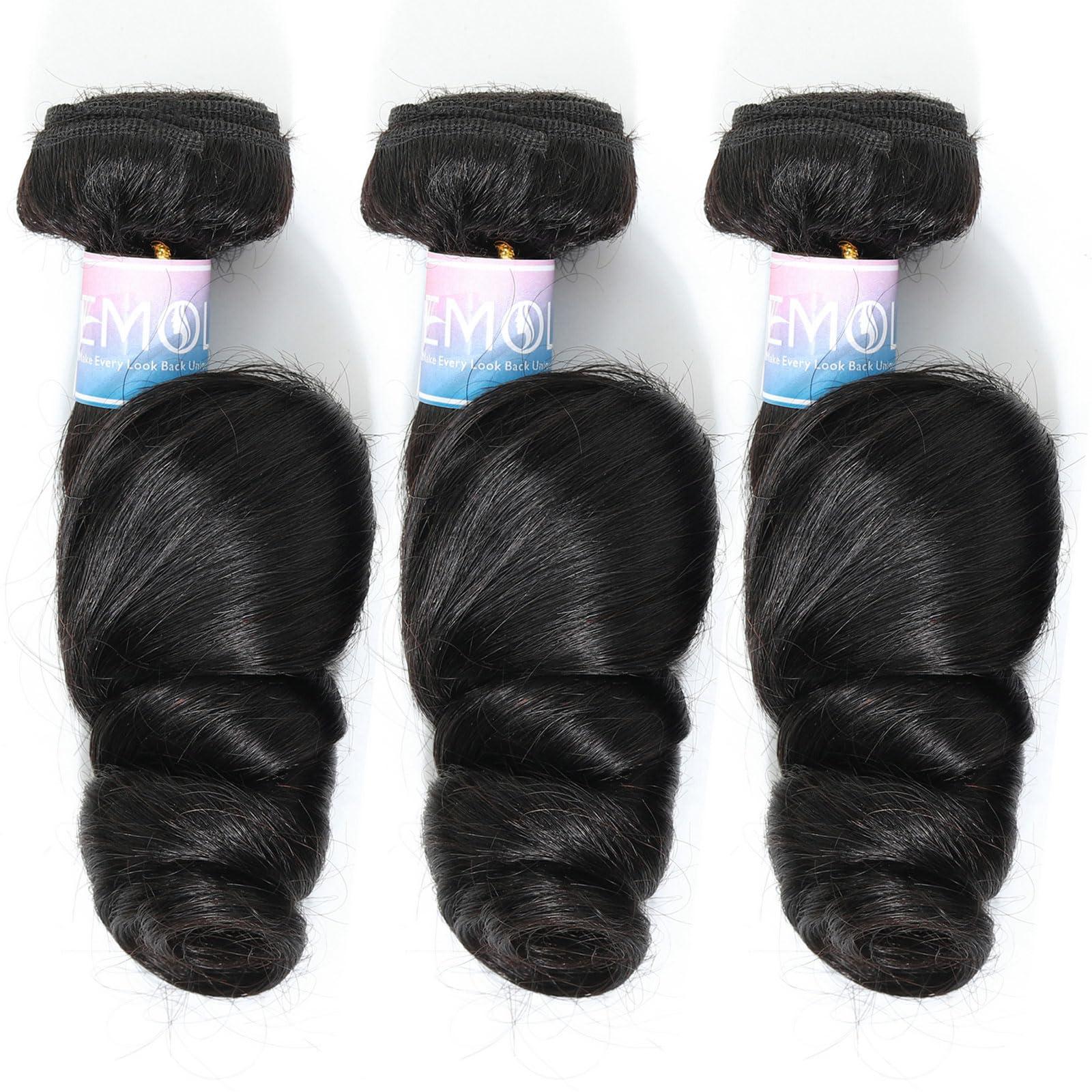 EMOL EMOL Loose Wave Bundles Human Hair Weave 3 Bundles Virgin Brazilian Loose Wavy Human Hair Weft Big Loose Spiral Wand Curls Short Hair Bundles Natural Black Human Hair Extensions 10 12 14 Inch