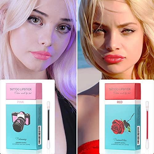 PICKX PICKX 20Pcs Cotton Swab Tattoo Lipstick, Tattoo Lipstick Cotton Swab Lip Tint, Waterproof and Long Lasting Liquid Non-Stick Portable Lip Gloss (Pink)