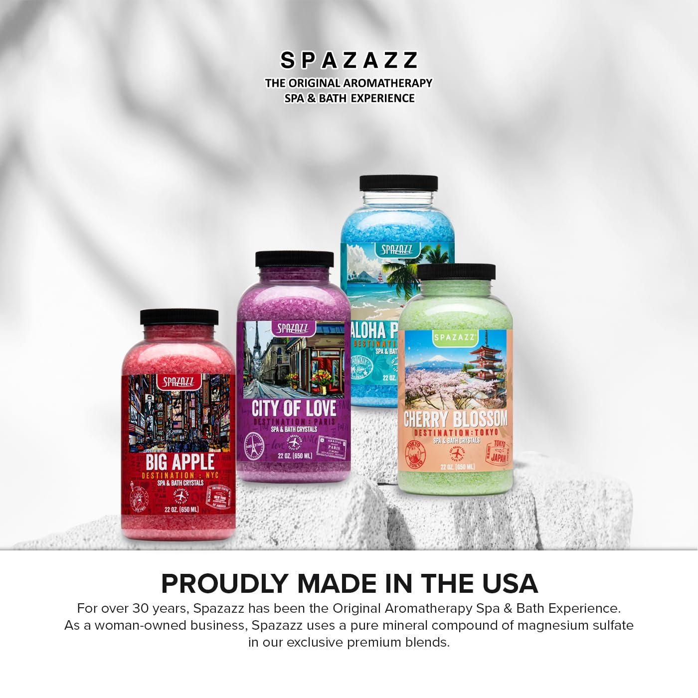 SPAZAZZ Hot Tub & Spa Aromatherapy Bath Salt Crystal Scents Spazazz Destinations Collection Bundle Aloha Paradise, Big Apple, City of Love, Cherry Blossom - Skin Moisturizer - Will Not Damage Spas & Hot Tubs