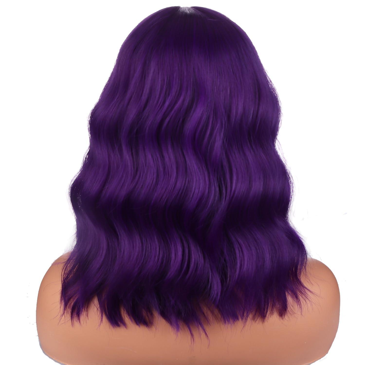 BERON BERON 14 Inches Purple Wig for Women Girls Short Curly Wig Dark Purple Wig Synthetic Wig Purple Wig with Bangs Wig Cap Include