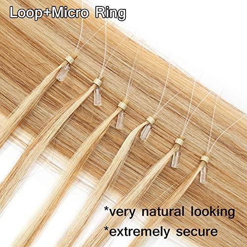 Benehair Benehair Micro Ring Human Hair Extensions Straight Micro Beads Hair Extensions Golden Brown&Bleach Blonde #12P613 50g 24Inch Remy Micro Loop Hair Extensions