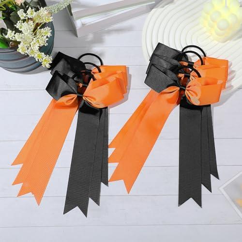 DEEKA DEEKA 16 PCS Collegiate Style Ponytail Holders - Long Tail Skinny Handmade Bows for Girls, Teens, Softball, Cheerleaders - Orange/Black