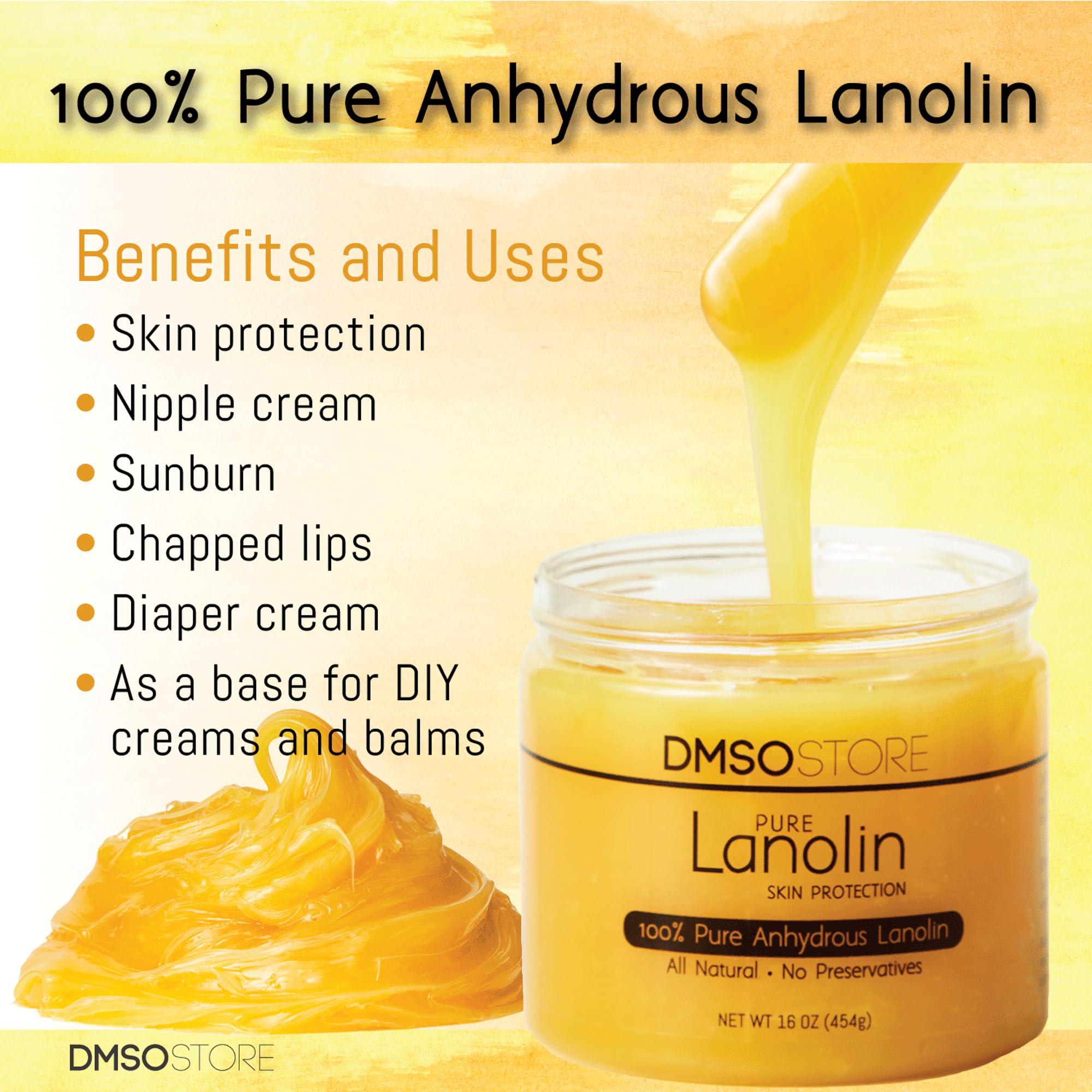 DMSOSTORE Lanolin 1 lb. Pure 100% USP grade. Skin protectorate and moisturizer that delivers deep hydration and nourishment, excellent as a nipple cream. Made by DMSO Store