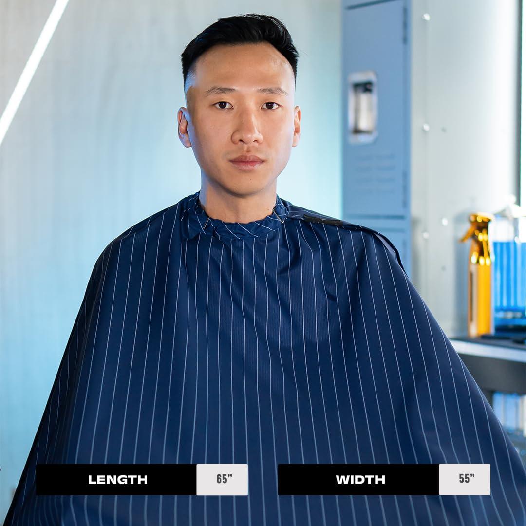 Barber Strong Barber Strong The Barber Cape Haircut Cover for Men, Hair Repelling and Static-Reducing Material, Flexible Elastic Neckband, Water Resistant Fabric, Oversized for Complete Coverage - Blue/White Stripe