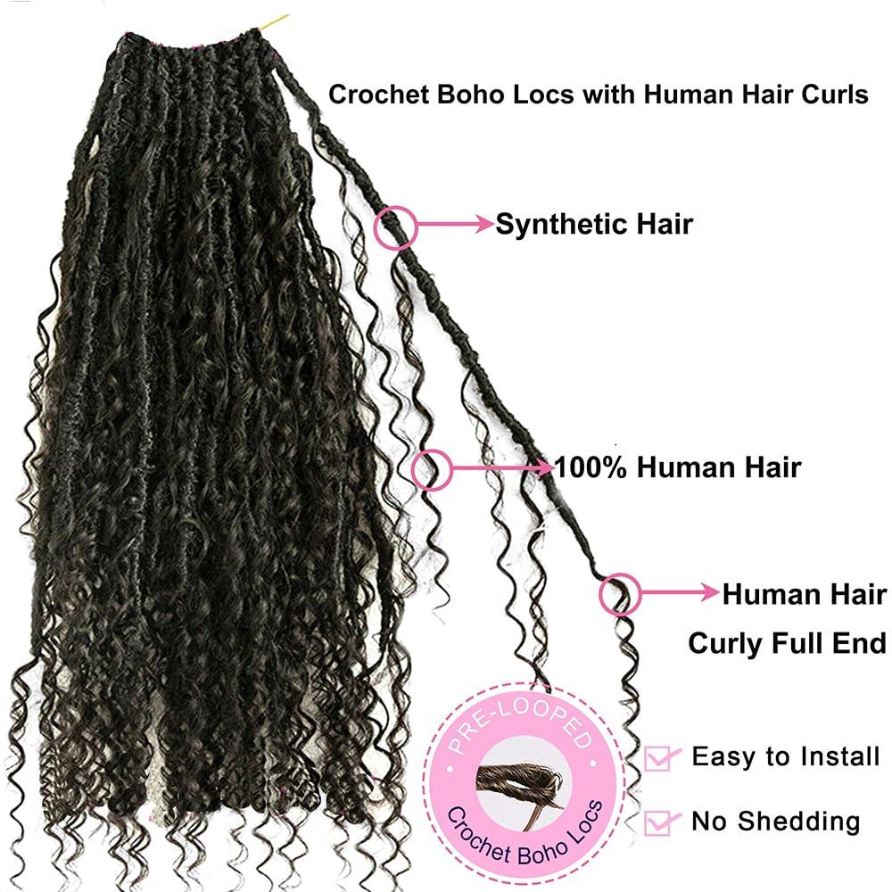 YOUNG BEAUTY Crochet Locs Hair Extensions with Human Hair Curls Pre Looped Dreadlocks Crochet Locs Hair with Curly Ends 26inch 100 Locs Natural Black