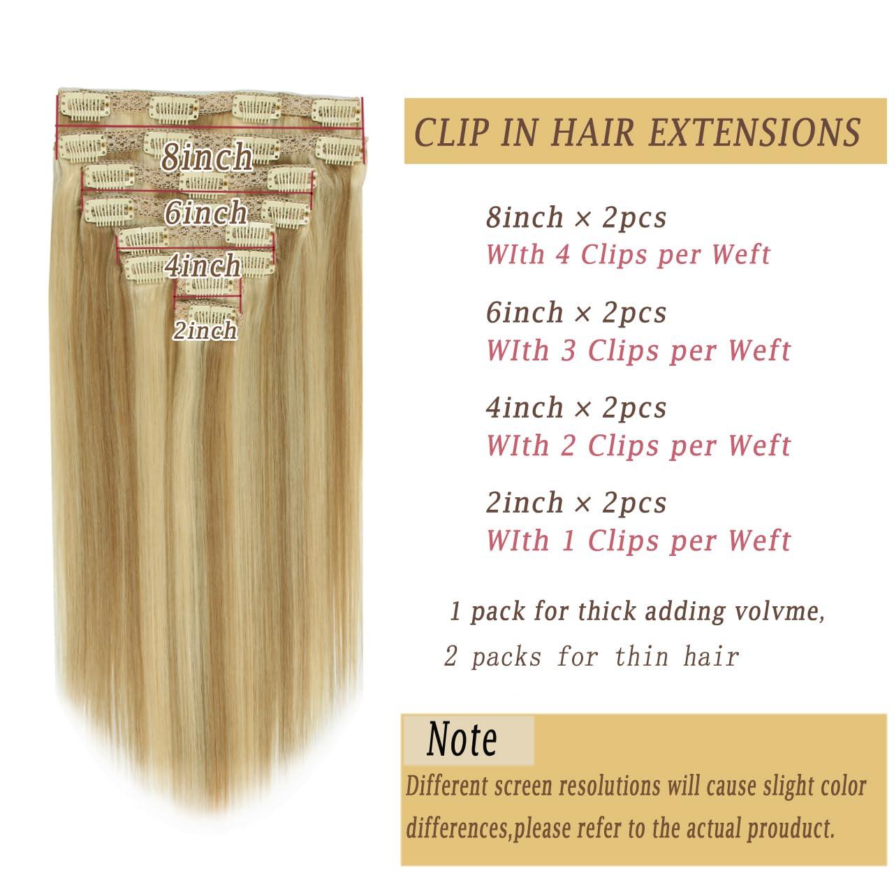 ZLCHE Clip in Hair Extensions Real Human Hair, 12\" 90g Straight Hair Extension Clip ins with Lace Weft, 8 Pcs Weft with 20 Pcs Clips (#18/613 Dark Blonde Highlighted Bleach Blonde, 12 Inch)