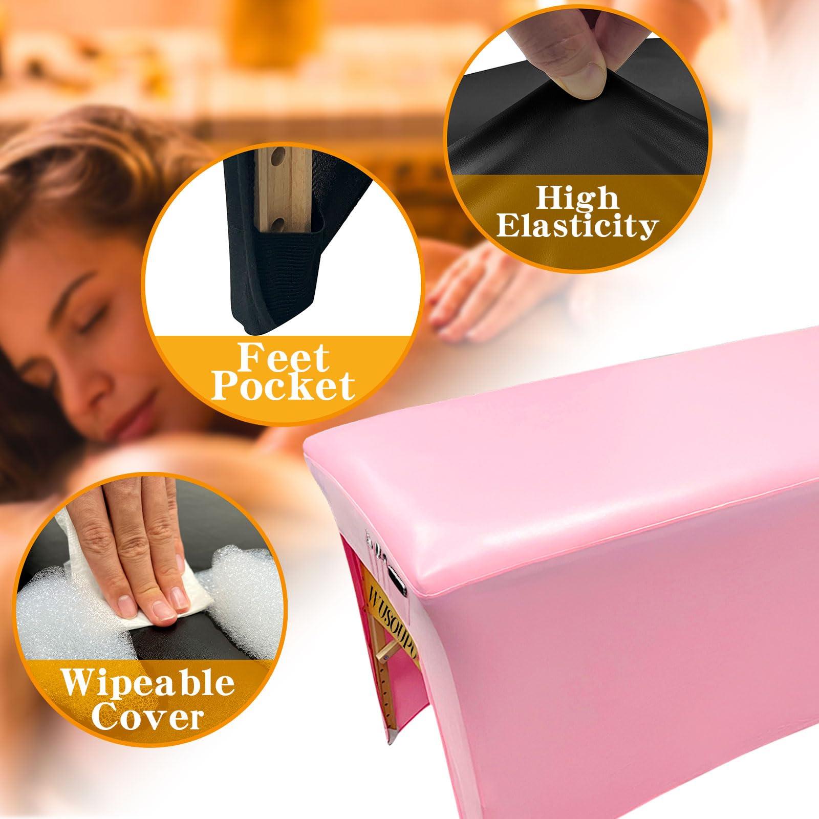 WUSOUPU Wipeable Lash Bed Cover PU Leahter Massage Table Cover with Storage Pocket, Reusable Massage Bed Cover Pink Spa Bed Cover High Elasticity Wax Bed Cover for Esthetician (6FT, Pink)