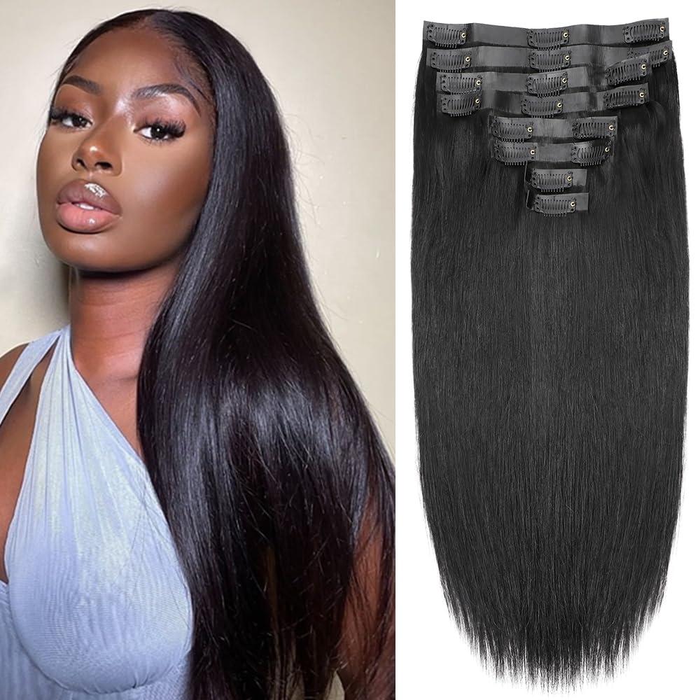 Tahikie Seamless Clip in Hair Extensions Real Human Hair Full Head Natural Black PU Seamless Hair Extensions Straight 8pcs 120g Clip ins 100% Remy Human Hair Extensions For Women (26 inch, 1B)