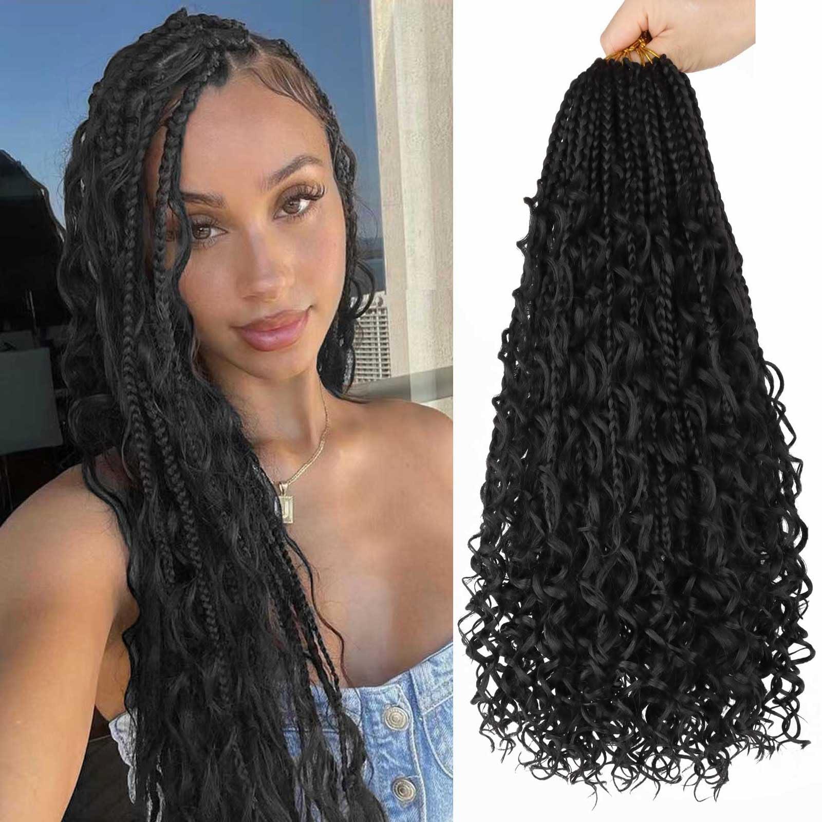Mytarku 8 Packs Box Braids Crochet Hair 18 Inch Crochet Box Braids with Curly Ends Boho Braids Bohemian Box Braid Hair for Women (1B, 18 inch 8 pack)