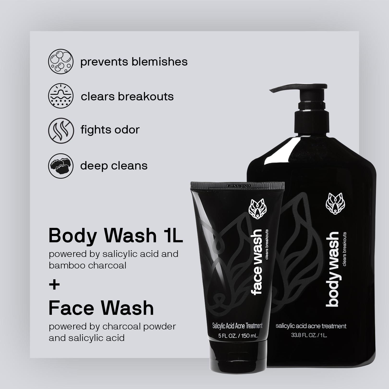 Black Wolf Black Wolf Charcoal Powder Body Wash for Men & Charcoal Powder Face Wash Facial Cleanser Bundle