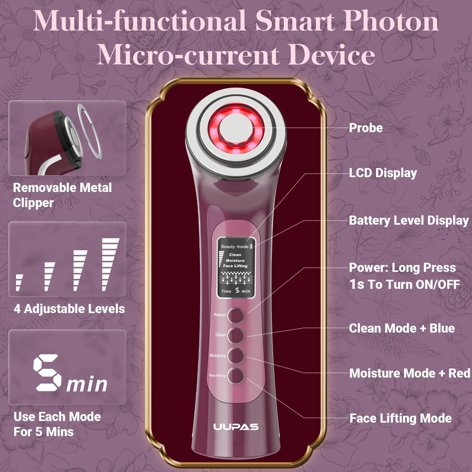 UUPAS Smart Photon Micro-Current Device - UUPAS LED Red Blue Light Therapy Wand Device for Face - Microcurrent Facial Device