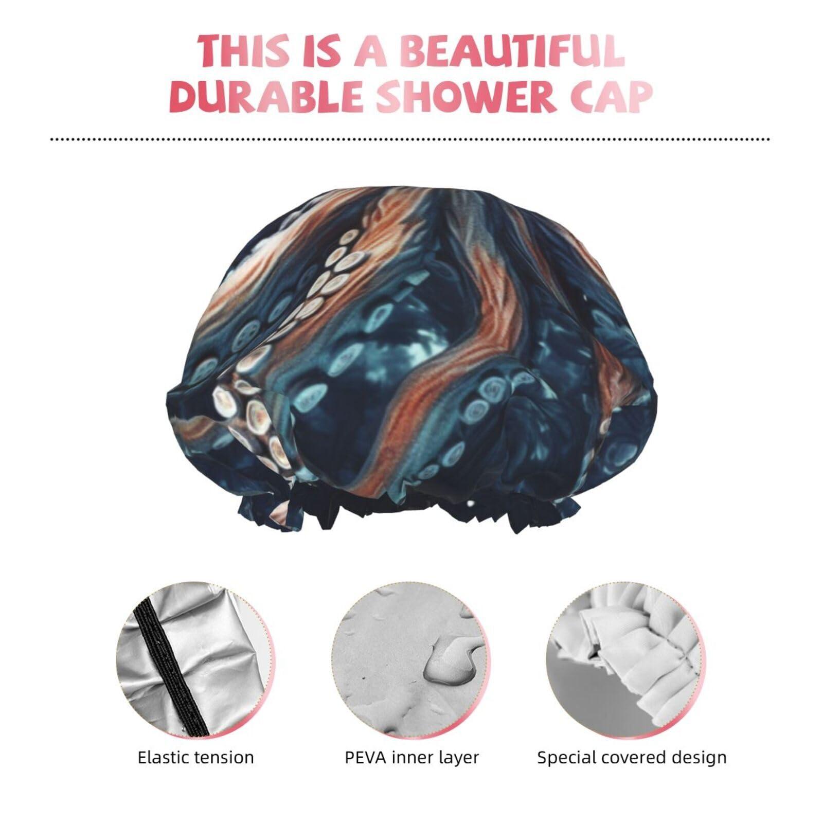 WSOIHFEC Cool Octopus Printed Shower Cap for Women Waterproof Bath Caps Reusable Double Layered Shower Hat Bathing Shower Caps for Men Ladies Spa Salon