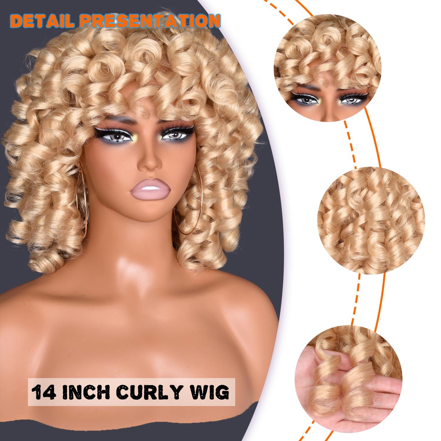 CurlCOO CurlCOO Blonde Curly Wigs for Black Women Short Curly Wig with Bangs Soft Big Loose Cute Afro Kinky Curly Hair 14 Inch Synthetic Wig for Black Women(Blonde)