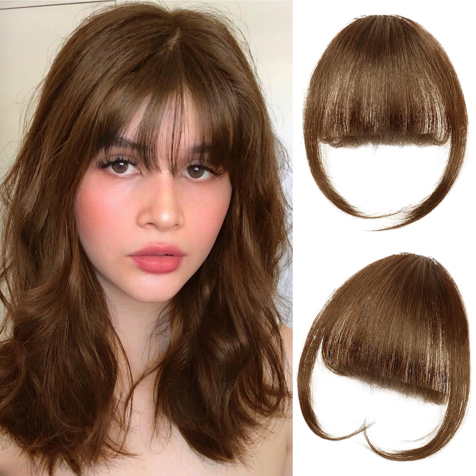 KooKaStyle KooKaStyle Clip in Bangs 100% Human Hair Air Curtain Bangs for Women Light Brown Fake Bangs Wispy Bangs Fringe with Temples Hairpieces for Daily Wear