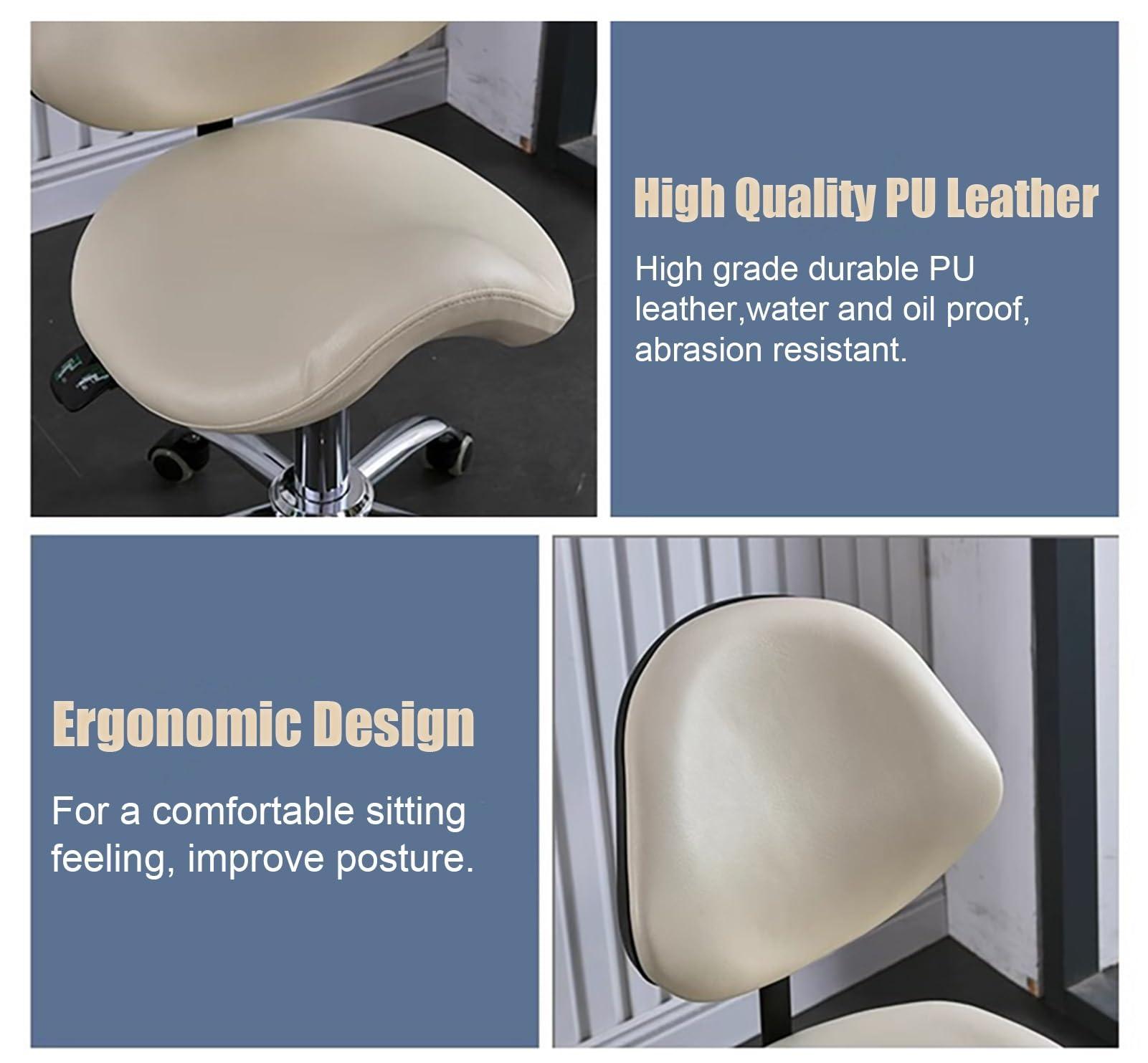 TUJOBA Saddle Ergonomic Chair with Tiltable Back Support, PU Leather Office Rolling Chair Adjustable Height, Beauty Dental Hospital Gas Lift Stool