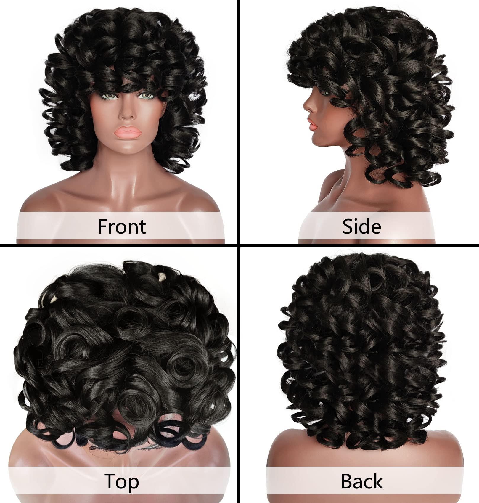 ELIM ELIM Curly Wigs for Black Women Short Kinky Curly Black Wigs for Women Big Curly Afro Soft Wig with Bangs Heat Resistant Natural Cute Synthetic Wig with Accessories Z014